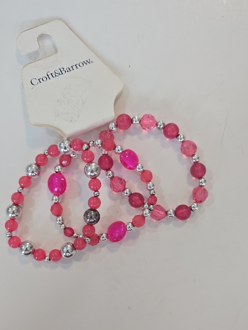 croft & barrow Hot Pink and Silver Beaded Stretch Bracelet Set